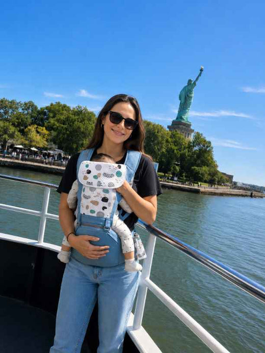 A mom wearing Grow+ on a boat trip