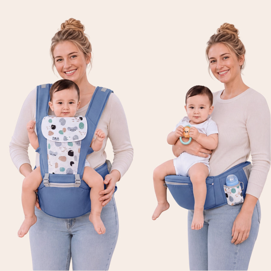Grow+ worn two ways: as a full carrier and as a hip seat only