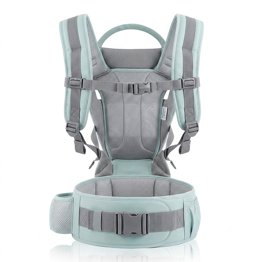 Wearabe carrier — back view showing padded straps and breathable mesh
