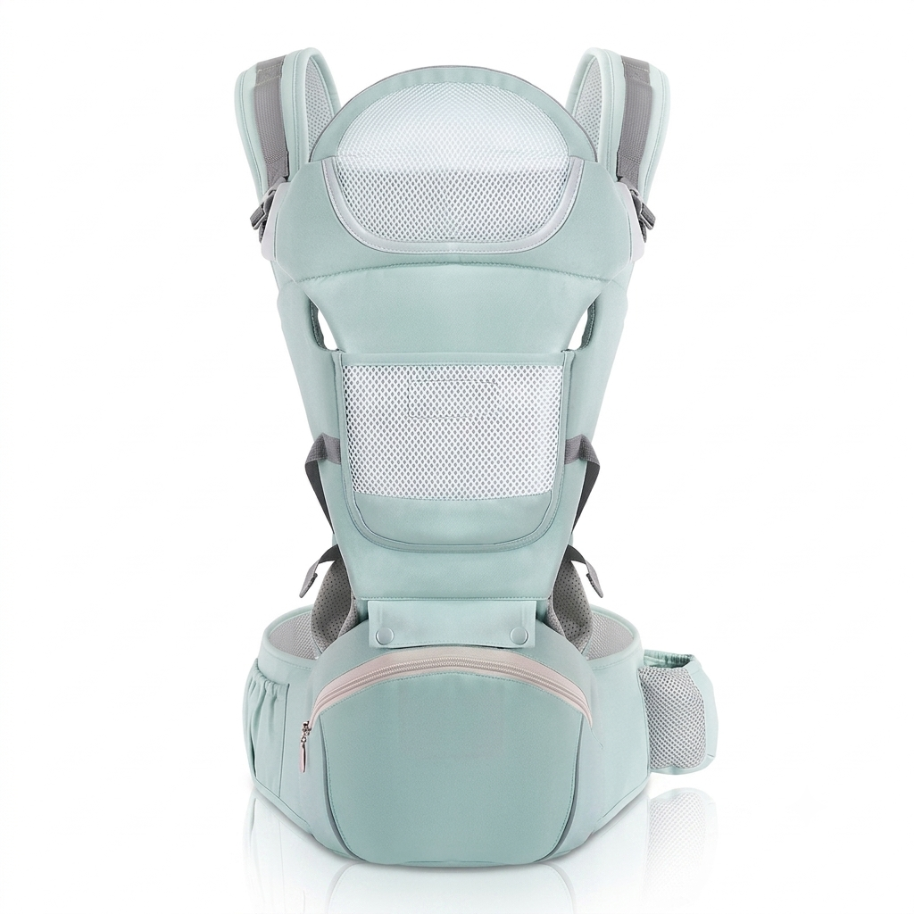 Wearabe 6-in-1 modular baby carrier — front view with hipseat and storage pocket